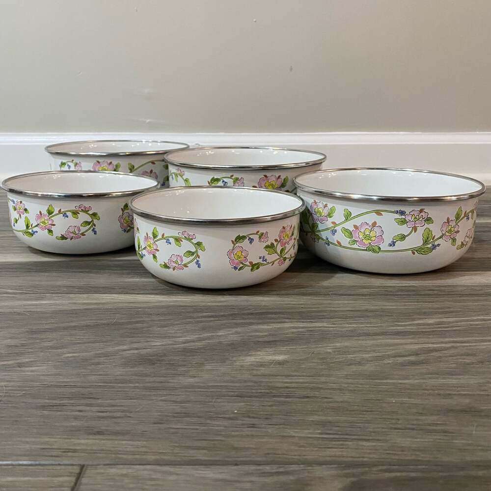 Vintage Kobe Kitchen Japan Floral Enamelware Nesting Bowls Set of 5
